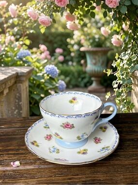 Shelley Fine Bone China Teacup Saucer Blue Forget-Me-Nots Roses